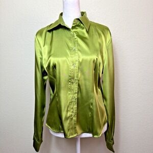 Metrostyle Green Satin Shirt 8 Women Blouse Detachable Scarf Office Work Y2K
